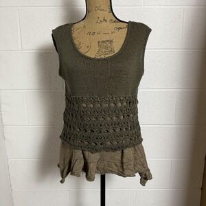 Boho Lagenlook Crochet Layered Tank Top Womens Green Asymmetrical Festival Artsy